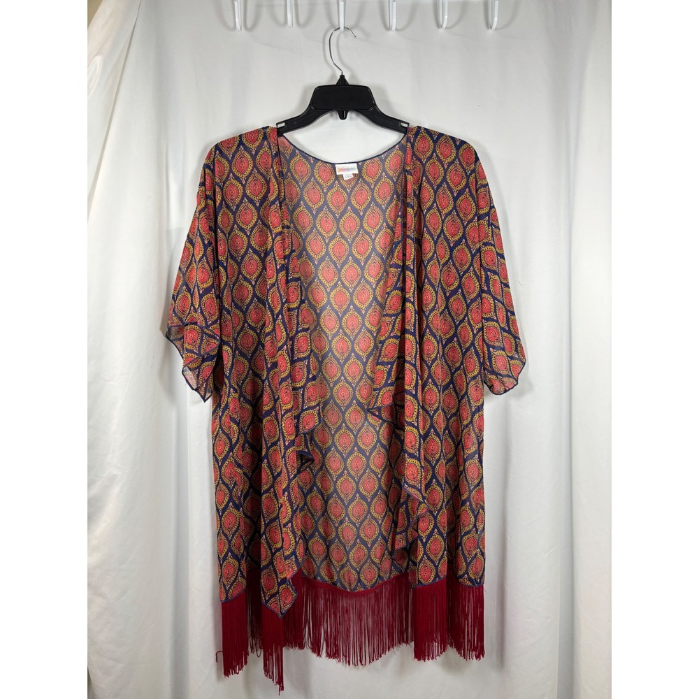 LuLaRoe Monroe Kimono Large Navy Blue Red Paisley Fringe Trim Open Front Wrap